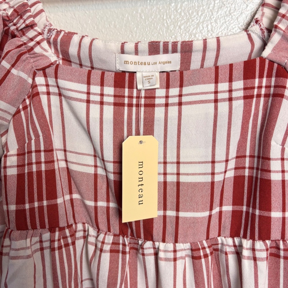 New Monteau Los Angeles S Red Plaid Babydoll Mini Dress Puff Sleeve Cottagecore - Picture 9 of 12